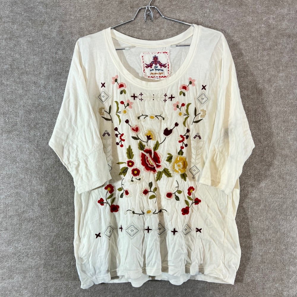 Johnny Was JW Los Angeles Top Women S Cream Floral Embroidered Cotton Boho